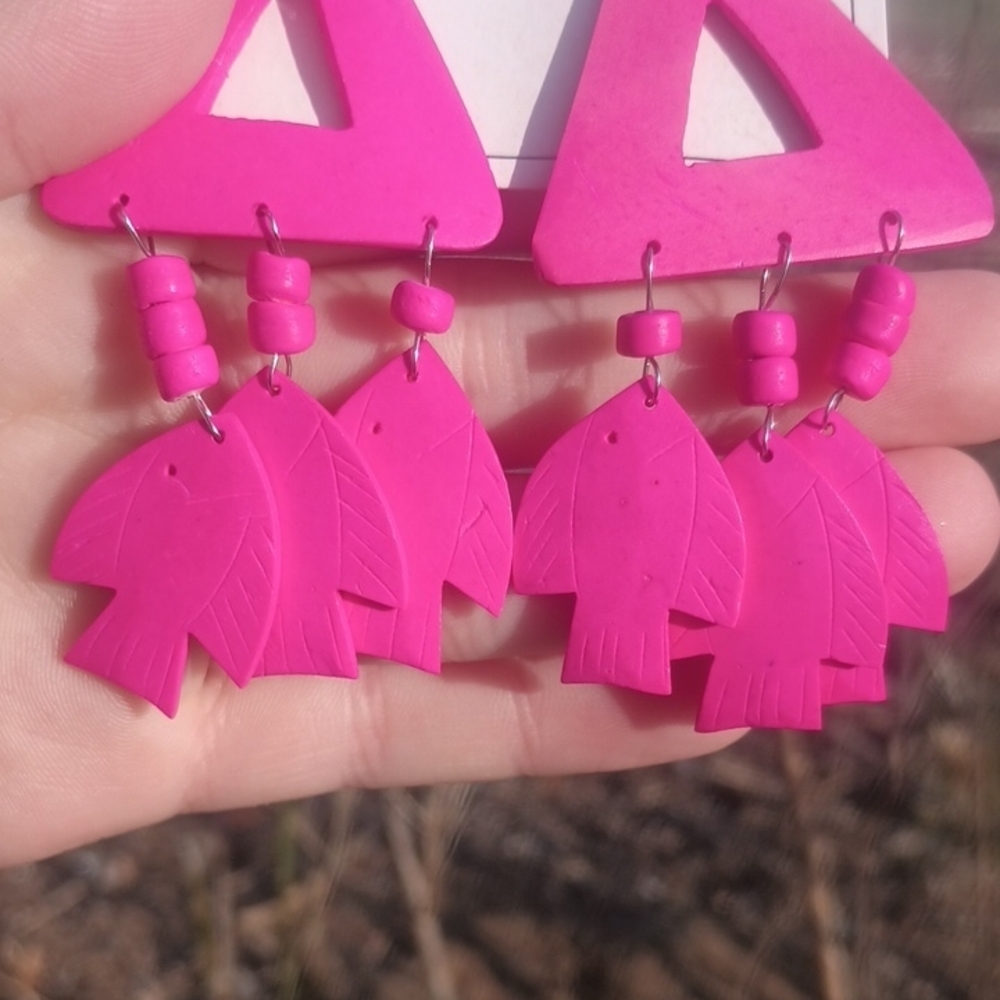 Wooden Fish Stud Dangle Earrings - Picture 3 of 4